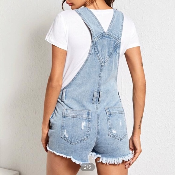 Ripped raw hem slant pocket denim overall - Picture 2 of 7